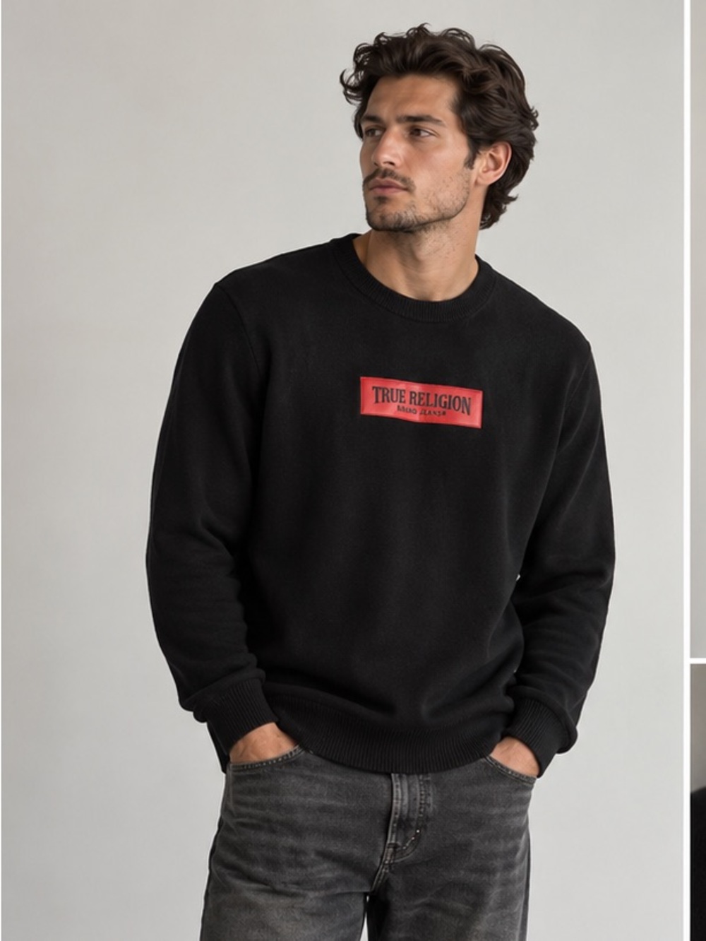 True Religion Black Crewneck Sweater with Red Logo Patch